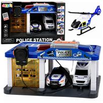 Policijos garažas su automobiliais ir sraigtasparniu, mėlynas ir baltas, 32 × 17 × 21 cm