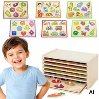 Viga Toys VIGA medinė dėlionė su rankenėlėmis ir lentyna 7 vnt.