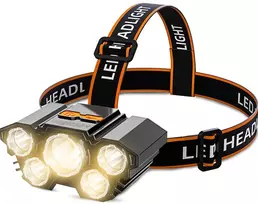 5 LED įkraunamas žibintai ant galvos, LED prožektorius ant galvos, galvos žibintas, galvos prožektorius