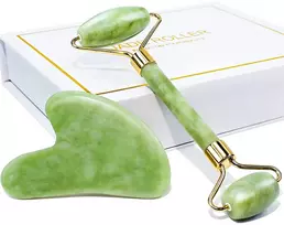 Nefrito veido masažuoklis – volelis ir plokščia plokštelė, Gua Sha rinkinys, nefrito veido volelis, nefrito masažinis volelis, Gua Sha plokštelė, nefrito plokštelė, nefrito volelis veidui