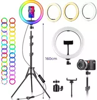RGB žiedinė lempa su trikoju stovu, 192 cm telefono laikiklio žiedinė lempa, žiedinė šviesa, žiedinis apšvietimas, žiedinė lempa telefonui