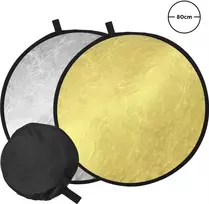 80 cm sulankstomas apvalus dvipusis fotografavimo reflektorius su auksiniu ir sidabriniu paviršiais ir nešiojimo dėklu studijos apšvietimui ir lauko fotografijai, šviesos atšvaitas fotografijai, fotografavimo atšvaitas, foto reflektorius, apvalus fotografijos atšvaitas
