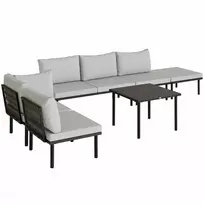 Lauko baldų komplektas 5-6 asmenims, terasos baldų komplektas su dviviete sofa, 2 kėdėmis, kampine kėde, lameliniu stalu ir kojų atrama