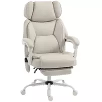 Aukštos nugaros biuro kėdė su vibraciniu masažu ir šildymu, ergonomiška, atlošiama, su kojų atrama, kreminės baltos spalvos