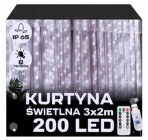 Kalėdinė LED užuolaida 3x2m 200 mikro lempučių, USB jungtis, nuotolinio valdymo pultas, kabliukai, šaltai balta spalva