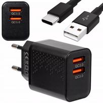 Tinklo įkroviklis su 2x USB QC 3.0 PD 18W lizdais + USB-A USB-C 1,5 m kabelis