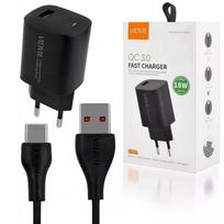 VIDVIE PLE249 1XUSB sieninis įkroviklis + TYPE C laidas QC 3.0 18W (Juodas)