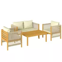 Sodo baldų komplektas, 4 asmenims, medinis, su dviviete sofa, 2 foteliais ir stalu, pintas, su nuimamomis pagalvėlėmis