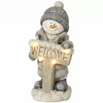Kalėdinė sniego senio statulėlė su LED apšvietimu ir „Welcome“ lentele, pilka, balta ir juoda, 23 × 20 × 46 cm