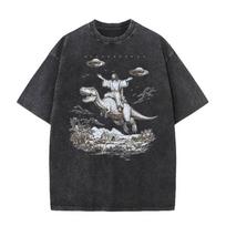 Vintage Washed Distressed T Shirt Cartoon Dinosaur Print Unisex Short Sleeve Tee Streetwear Student Vacation Tops S black
