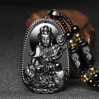 Black Obsidian Buddha Pendant Carved Design Beaded Chain Daily Wear Lucky Gift For Men Women gray