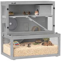 Wooden Hamster Cage with Hut, Wheel, Ramps, Removable Viewing Panels, 80 x 50 x 84 cm, Grey 80 x 50 x 84 cm