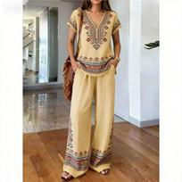 1116 Printed Cotton-Linen Shirt Wide-Leg Pants Two-Piece Set, Bohemian Style Vacation Casual Set for Women Y1 S