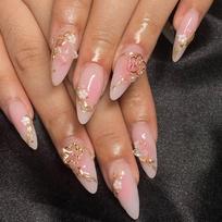 French Tip Press on Nail Short Acrylic Nail with 3D Flowers Designs Almond False Nail for Women Manicure Nail 24Pcs 1 brown