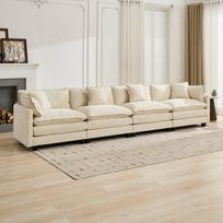 Debesinė sofa 4 vietų (Pufas neįtrauktas), Kampinė sofa, Dvigubo sluoksnio minkšta sėdynės pagalvėlė, Šenilo audinys, Smėlio spalvos, DEFO5014BG 75 x 380 x 84 cm smėlis