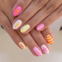 24Pcs Short Round Press On Nails Set Summer Starfish Polka Dot Stripe Full Cover Fake Nail Tips