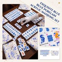 Blue and Porcelain Acrylic Mahjong Tiles Set - 160, Hand-Mixed, Home Gift Set One Size gray