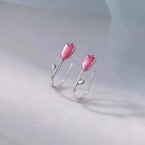 925 Silver Tulip Flower Pink Drip Oil Stud Earrings - Mini & Versatile Accessories for Students & Women 6598