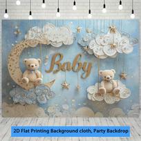 2D Neutral Baby Shower Banner with Teddy Bear, Stars & Clouds 47.2x31.5inch/120*80cm gray