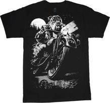 Bulldog Riding Motorcycle Full Moon Graphic T-shirt L gray