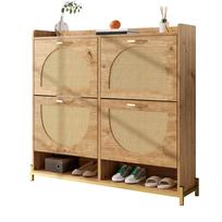 Elegantiška medinė batų spintelė su rotango durimis – 4 durys, metalinis rėmas ir viršutinė lentyna stilingam ir tvarkingam laikymui. 108.5 x 24 x 100 cm natūrali