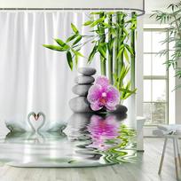 1 vnt. žalių bambukų Zen dušo užuolaidų rinkinys, SPA akmenys ir orchidėjų gėlės, poliesterio audinio vonios užuolaida su kabliukais, vonios kambario dekoras W60H190(CM)-1 Pcs gray