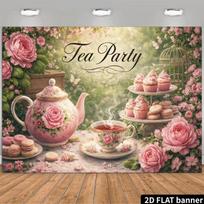 2D Floral Tea Party Backdrop Garden Rose & Teapot Party Background Banner 59x51.1inch/150*130cm beige