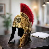 Roman Gladiator Helmet with Red Crest and Brass Queen Crest Handcrafted Medieval Warrior Armor white