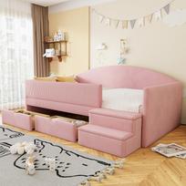 Apmuštas miegamasis sofa, 90*190cm, Daugiafunkcinė lova, Su dviem stalčiais ir apsauginiais turėklais, Su laipteliais, Odai draugiškas veliūrinis audinys, be čiužinio, Rožinė 201 x 98.5 x 69.5 cm rožinė
