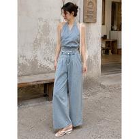 Neck top wide-leg pants two-piece set women's summer design sense niche show thin high waist drape casual denim suit S