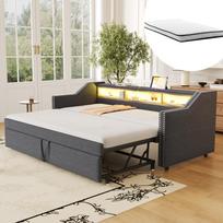 Upholstered Pull-Out Sofa Bed 90/180 x 190 cm, Multifunctional Storage Compartment, LED Light and USB Port, Slatted Frame, Dark Grey 203.5 x 102 x 74 cm tamsiai pilka spalva