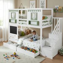 Bunk Bed, With Small Pegboard Area + 5 Included Wooden Hooks, Two Drawers, With Staircase Storage Cabinet, Pine + MDF + Plywood, White+Green, 90x200cm 254 x 95 x 187 cm