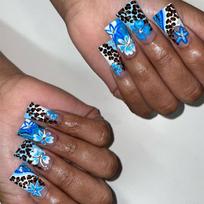 24Pcs Leopard Print Duckbill Press On Nails Blue Flower French Tip Artificial False Nails