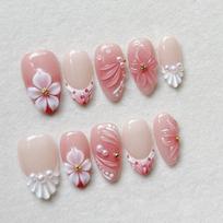 24Pcs French Almond Press On Nails Pink Flower Summer Fake Nails Wearable Stick On False Nail Tips