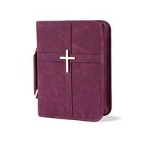 Cross-themed Vegan Leather Bible Cover Dust-proof with Phone Pocket PU Leather Bible Bag Religious Style Zipper Closure raudona