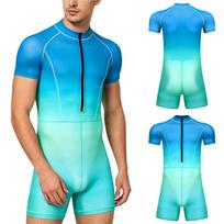 S-3XL Men Surf Swimwear Gradient Print Jumpsuit Short Sleeve Front Zipper Boyshorts Bodysuit for Scuba Diving Beach S