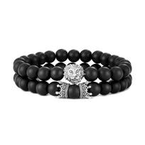 Men Fashion Vintage Lion Head Crown Charm Bracelets for Women Natural Black Glitter Stone 8mm Beads Bracelet Set Jewelry 19cm black