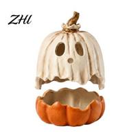 Indoor Fall Decorations Halloween Light Up Ghost Pumpkin Decoration, Vintage Detachable Lamp with Decorative Lamps LED Candle for Kitchen Tabletop beige