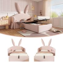 Upholstered Bed 90x200 cm in Pink with Bunny Ears Look, Children's Bed with Storage Box & Side Table, Velvet Soft Bed (Without Mattress) 216 x 149 x 143 cm