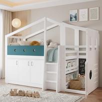 Half-High Children's Bed 90x200 cm in House Shape, Wooden Loft Bed with Play Area, Storage Cabinet and Ladder – Space-Saving Functional Bed 256.5 x 110 x 190 cm balta