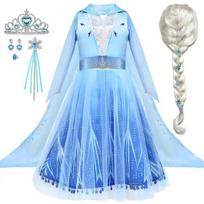 Vaikų Elsa Frozen 2 suknelės komplektas su tiara, peruku ir aksesuarais, Ledo karalienė, Geras audinys, Dydis 120, Mėlynas 3 years/4 years