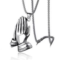 Titanium Steel Prayer Pendant, Buddha Hand Pendant Necklace, Men's Hang Tag, Hands Clasped Together 50CM(Necklace Size) sidabras