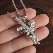 Avenging Angel Machine Gun Pendant Stainless Steel Necklace Suitable for Men and Women Hip-Hop Trendy Punk Jewelry Couple Gifts brown