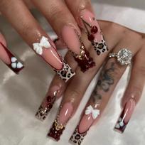 24Pcs Long Ballerina Press On Nails French White Tips With Serpentine Flower And Rhinestones Fake Nails