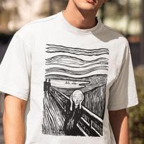 The Scream by Edvard Munch, Art Nouveau T-shirt, famous painting The Screaming figure, expressive drawing Munch, Darke fear, dread, Horror L gray