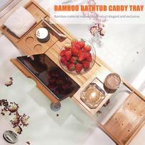 Bathtub Caddy Tray Bamboo Spa Bathtub Caddy Organizer Book Wine Tablet Holder Reading Rack Nonslip Bottom Extendable Sides ruda