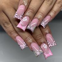 24Pcs Mid Length Duckbill Pink Leopard French Press On Nails With 3D Flower Rhinestone Detachable Manicure Tips gray
