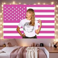 Pink US Flag Taylor Swift Cat Print Tee Portrait Tapestry Casual Pop Star Y2K Fan Dorm Bedroom Party Cloth 100X70CM white