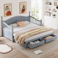 Extendable Sofa Bed 90/180*190 cm, with Roman Columns, Curved Backrest and Armrests, Drawers and Slatted Frame, Pine Wood, Grey 197 x 97 x 95 cm pilka