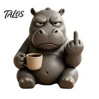 Cool Room Accents for Coffee Corners Middle‑Finger Hippo Figurine with Cup, Funny Resin Animal Statue, Novelty Desktop Unique Stress Relief A